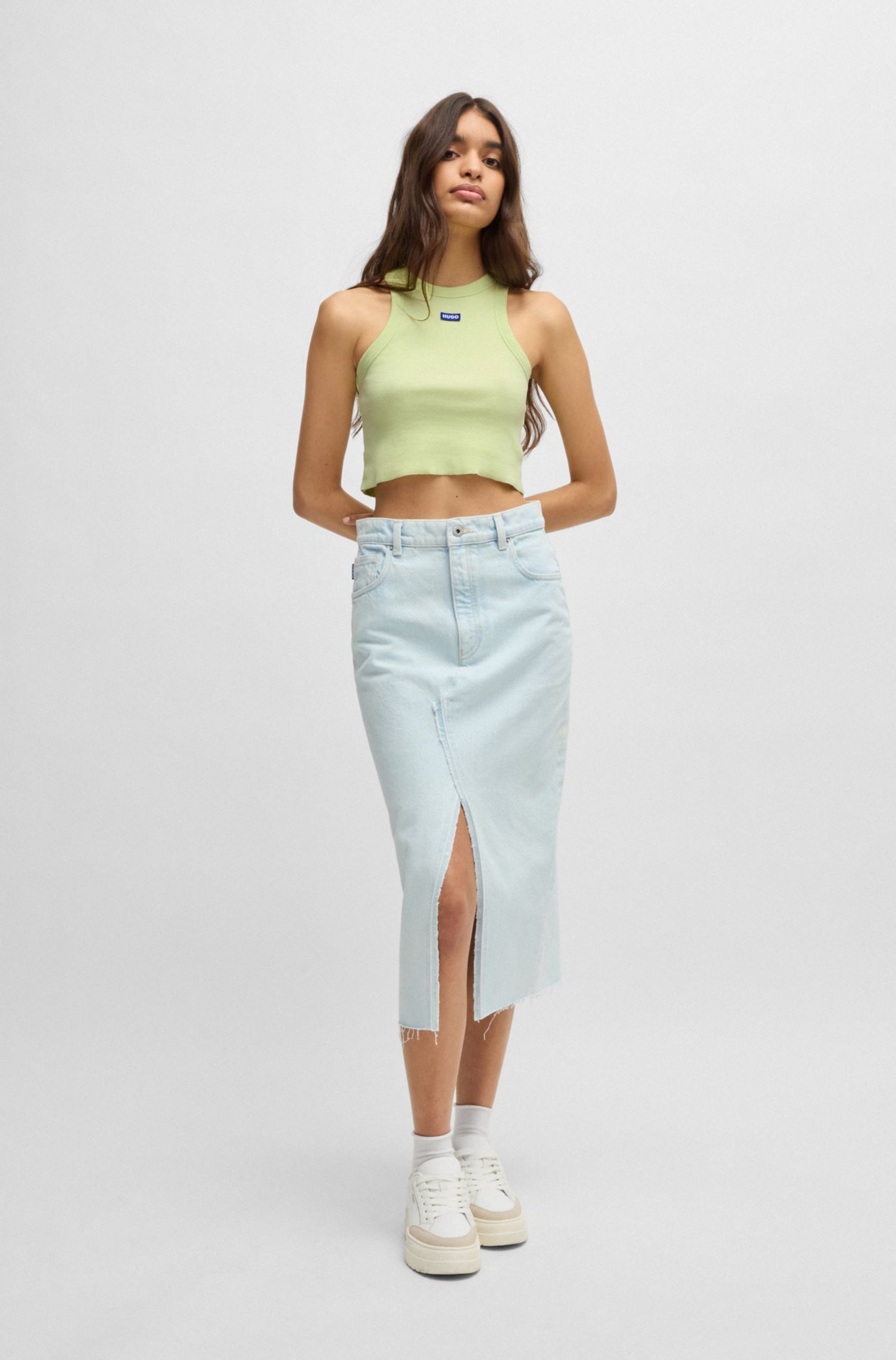 Stretch-cotton tank top with logo badge, Light Green