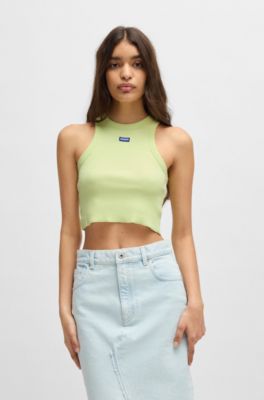 Tanktop van stretchkatoen met logopatch, Kalk