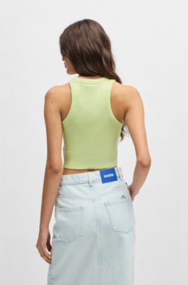 Kortere tanktop van stretchkatoen met blauw logolabel, Kalk