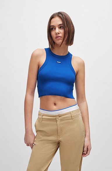 Stretch-cotton cropped tank top with blue logo label, Blue