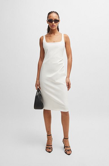 Square-neck dress with gathered details, White