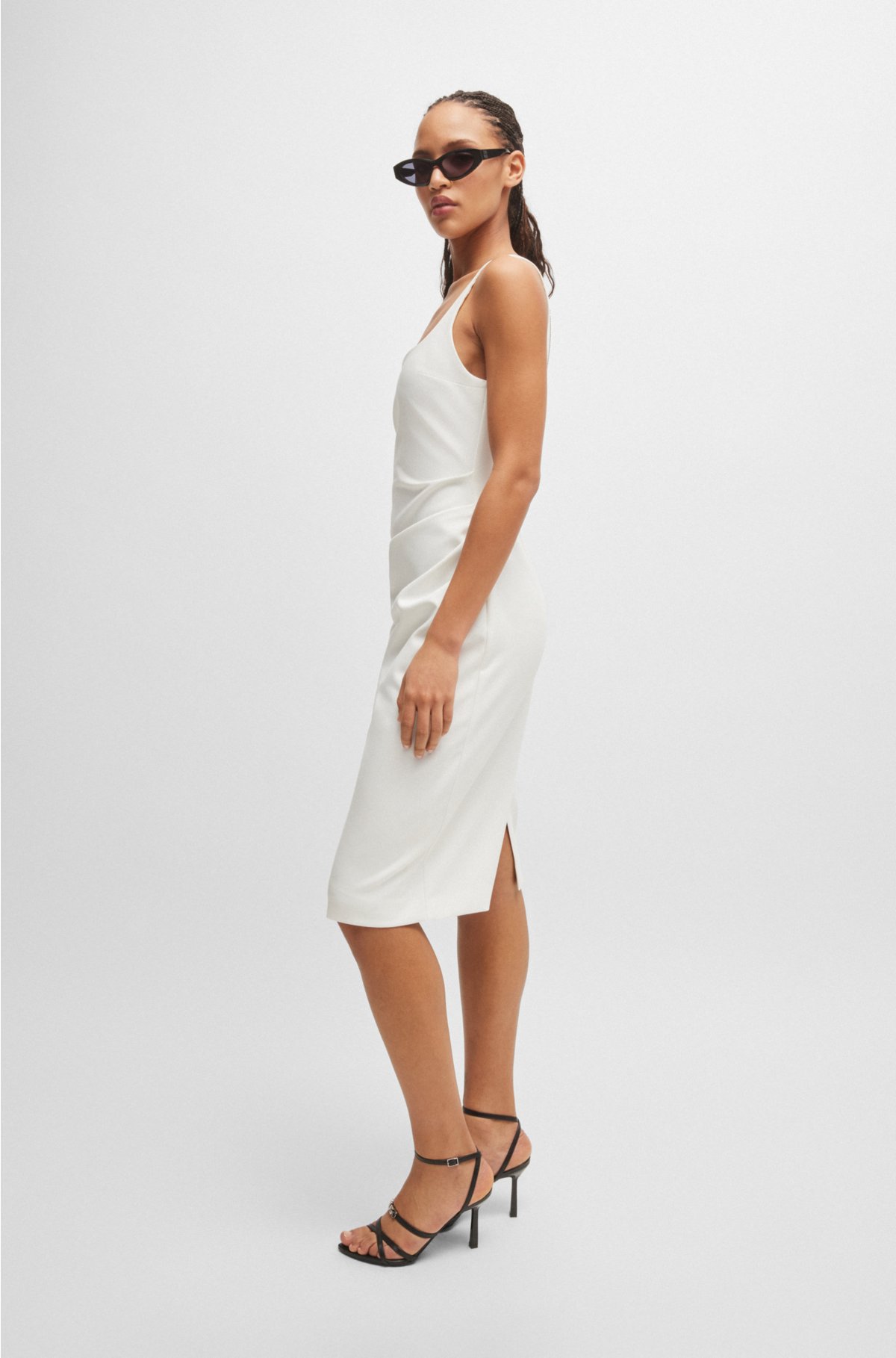 Square-neck dress with gathered details, White