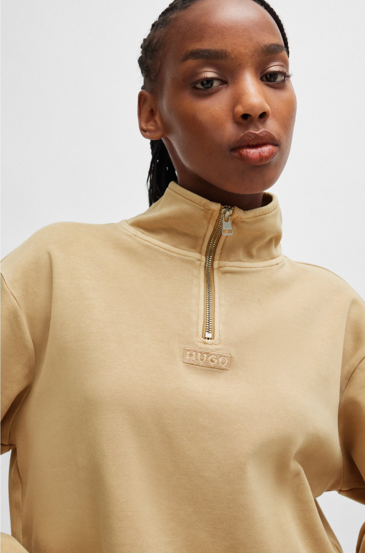 Relaxed-fit cropped sweatshirt with zip neckline, Beige
