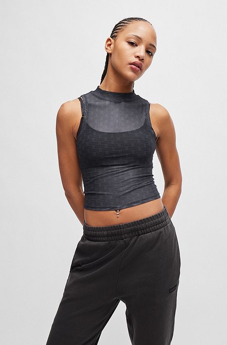 Slim-fit sleeveless top in logo mesh, Black Patterned