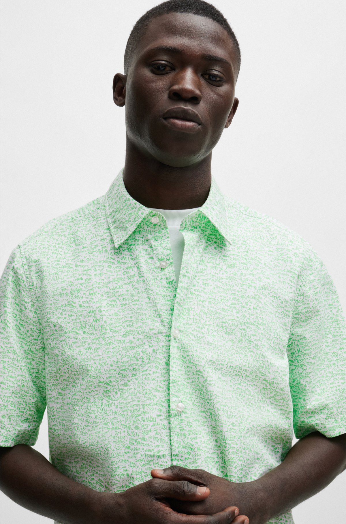 Regular-fit shirt in printed cotton poplin, Light Green