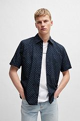 Regular-fit overhemd van katoenen popeline met print, Donkerblauw