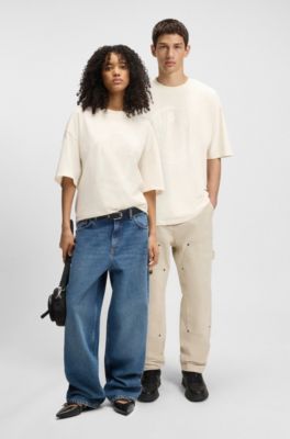 Oversized-fit T-shirt in cotton with new-season logo, Natural