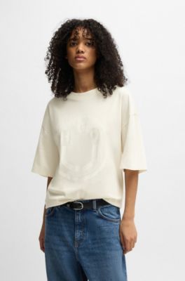 Oversized-fit T-shirt in cotton with new-season logo, Natural