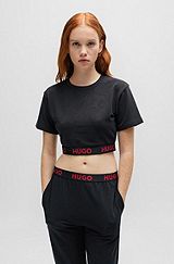 T-Shirt aus Stretch-Gewebe in Cropped-Länge mit Logo-Bund, Schwarz