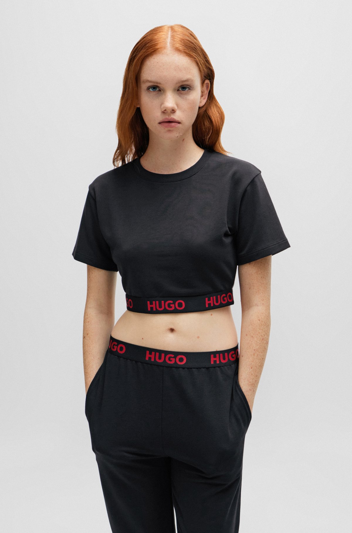 HUGO - Cropped T-shirt in stretch fabric with logo waistband