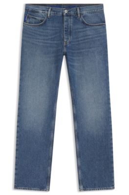Regular-fit jeans in mid-blue stonewashed cotton denim, Blue