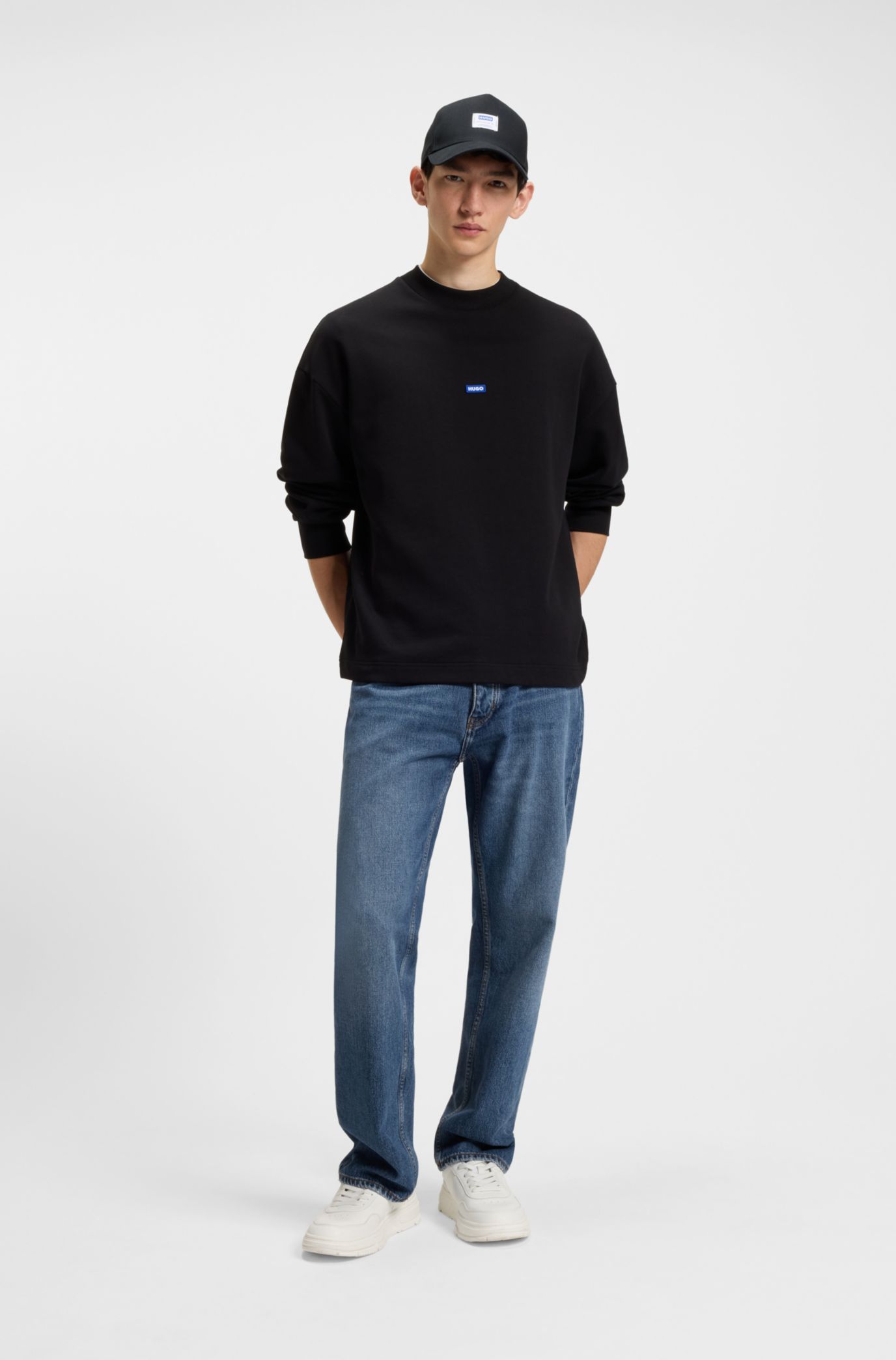 Regular-fit jeans in mid-blue stonewashed cotton denim, Blue