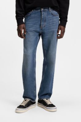 Regular-fit jeans in mid-blue stonewashed cotton denim, Blue