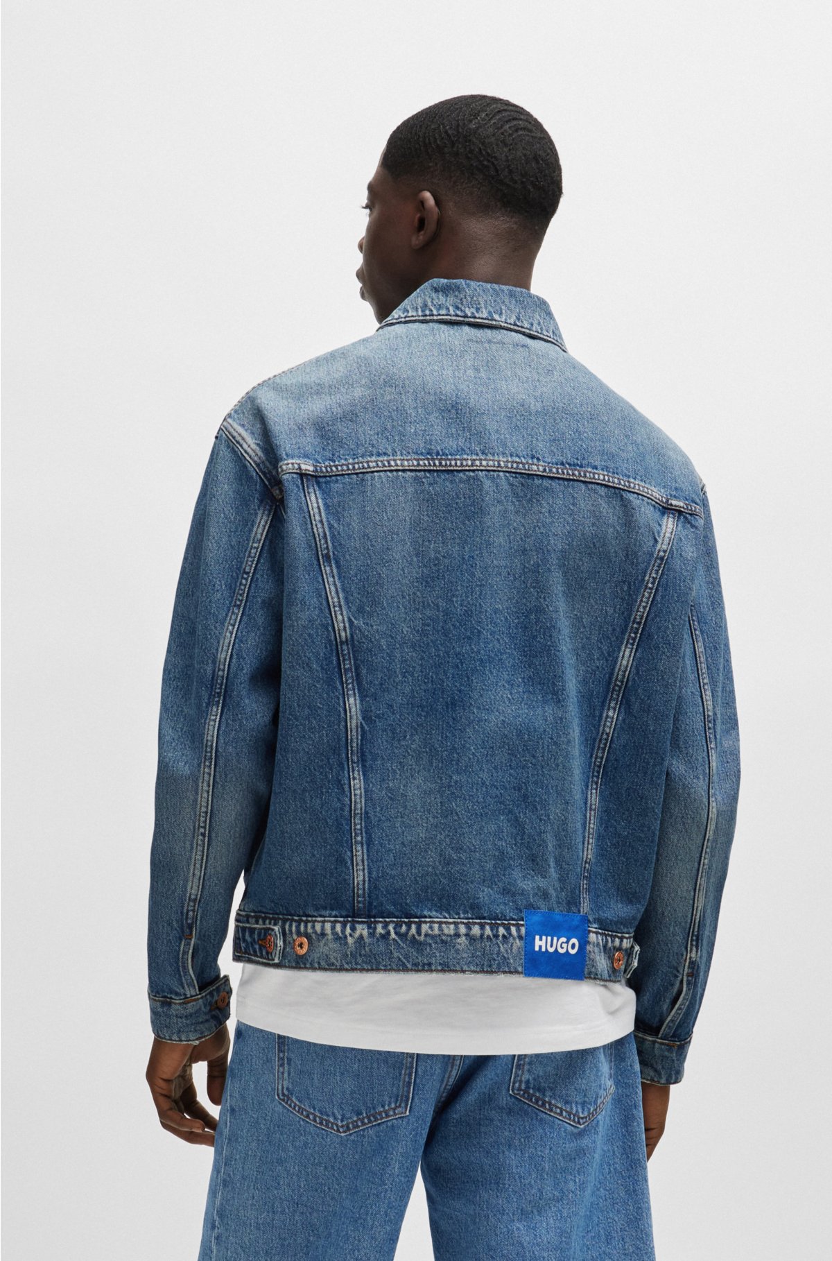 Regular-fit jacket in mid-blue stonewashed denim, Blue