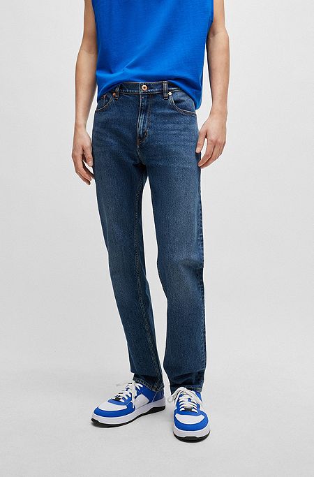 Slim-fit jeans in navy stonewashed stretch denim, Dark Blue