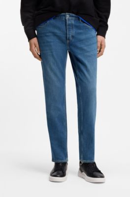 Tapered-fit jeans in mid-blue stretch denim, Blue