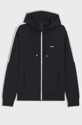 Stretch-cotton zip-up hoodie with stripe insert, Dark Blue