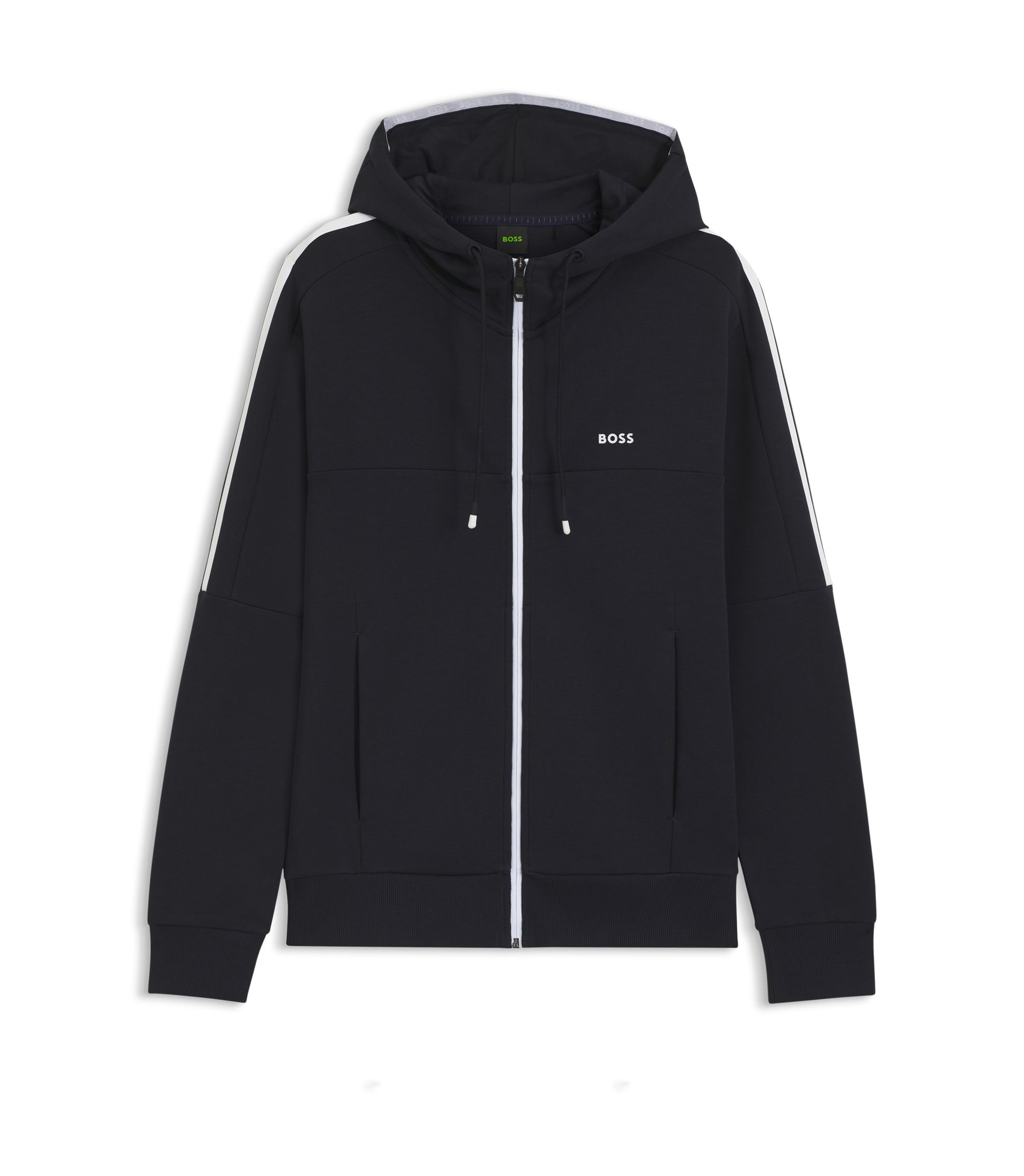 BOSS - Stretch-cotton zip-up hoodie with stripe insert - Dark Blue