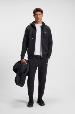 Stretch-cotton zip-up hoodie with stripe insert, Dark Blue