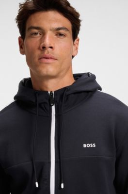 Stretch-cotton zip-up hoodie with stripe insert, Dark Blue
