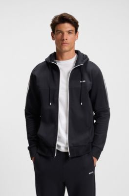 Stretch-cotton zip-up hoodie with stripe insert, Dark Blue