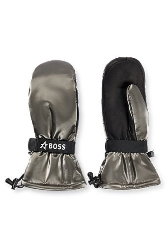 Gants de ski BOSS x Perfect Moment avec bride à logo et garnitures en cuir, Gris chiné