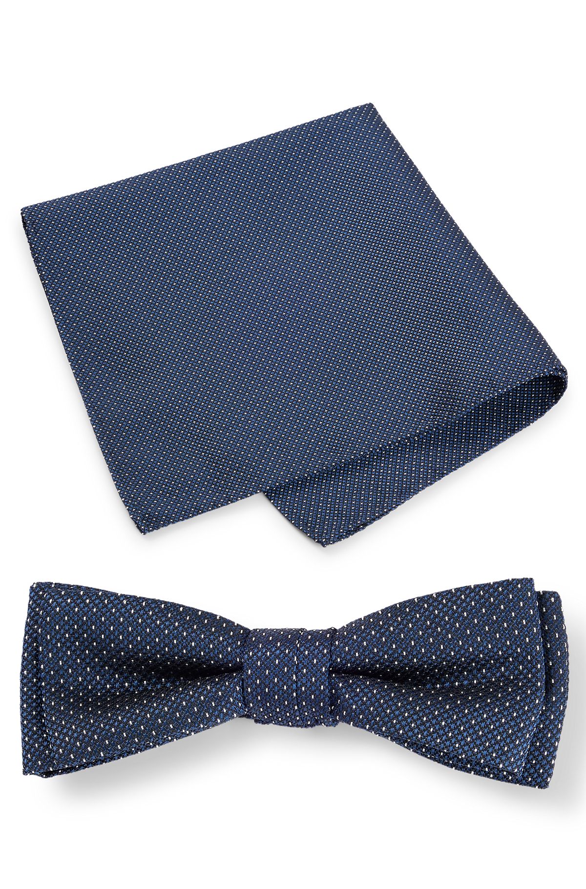 Bow tie and pocket square in silk-blend jacquard, Dark Blue