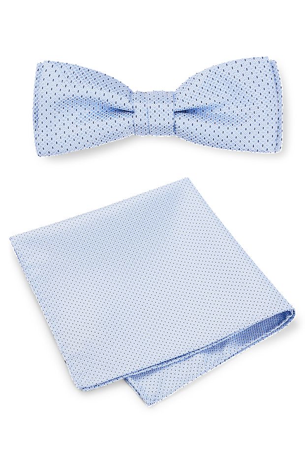 Bow tie and pocket square in silk-blend jacquard, Light Blue