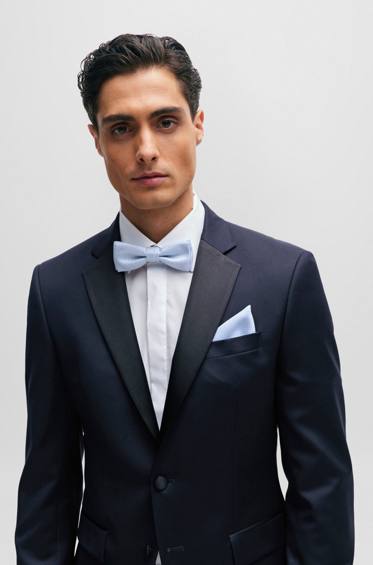 Bow tie and pocket square in silk-blend jacquard, Light Blue