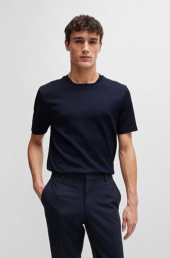 T-shirt Regular Fit en coton mercerisé structuré, Bleu foncé