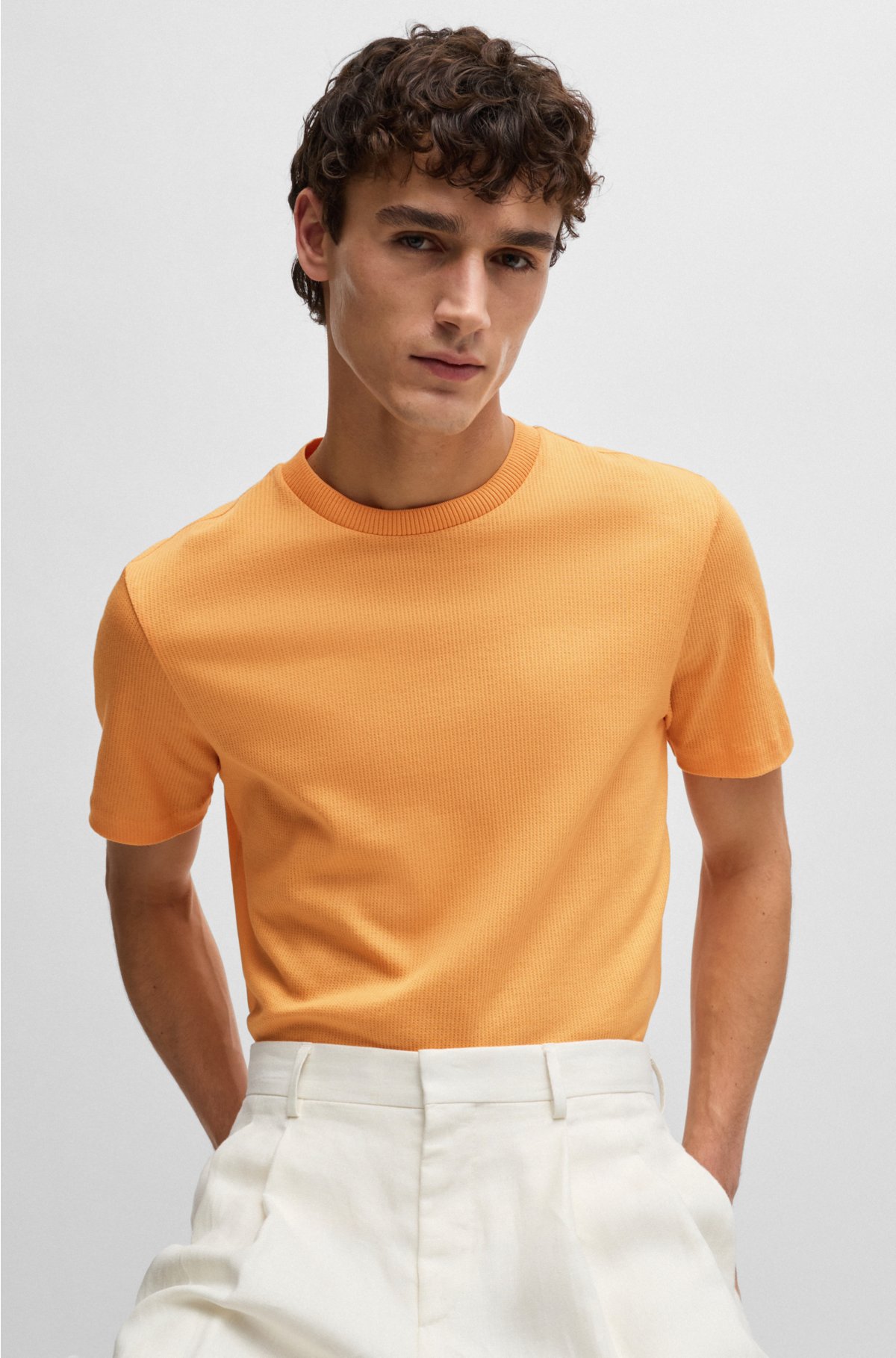 Regular-fit T-shirt in structured mercerised cotton, Light Orange