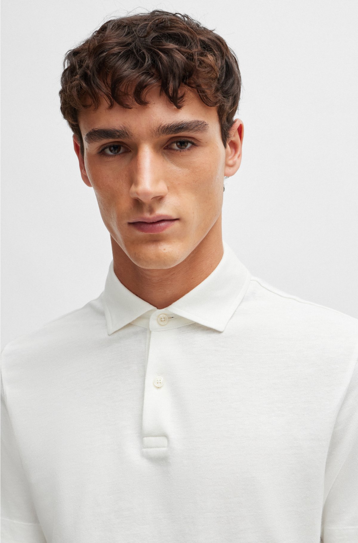 Regular-fit polo shirt in cotton and linen, White