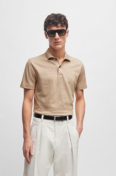 Regular-fit polo shirt in cotton and linen, Beige
