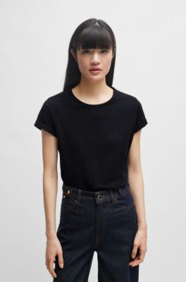 Cotton-jersey T-shirt with rolled cuffs, Black