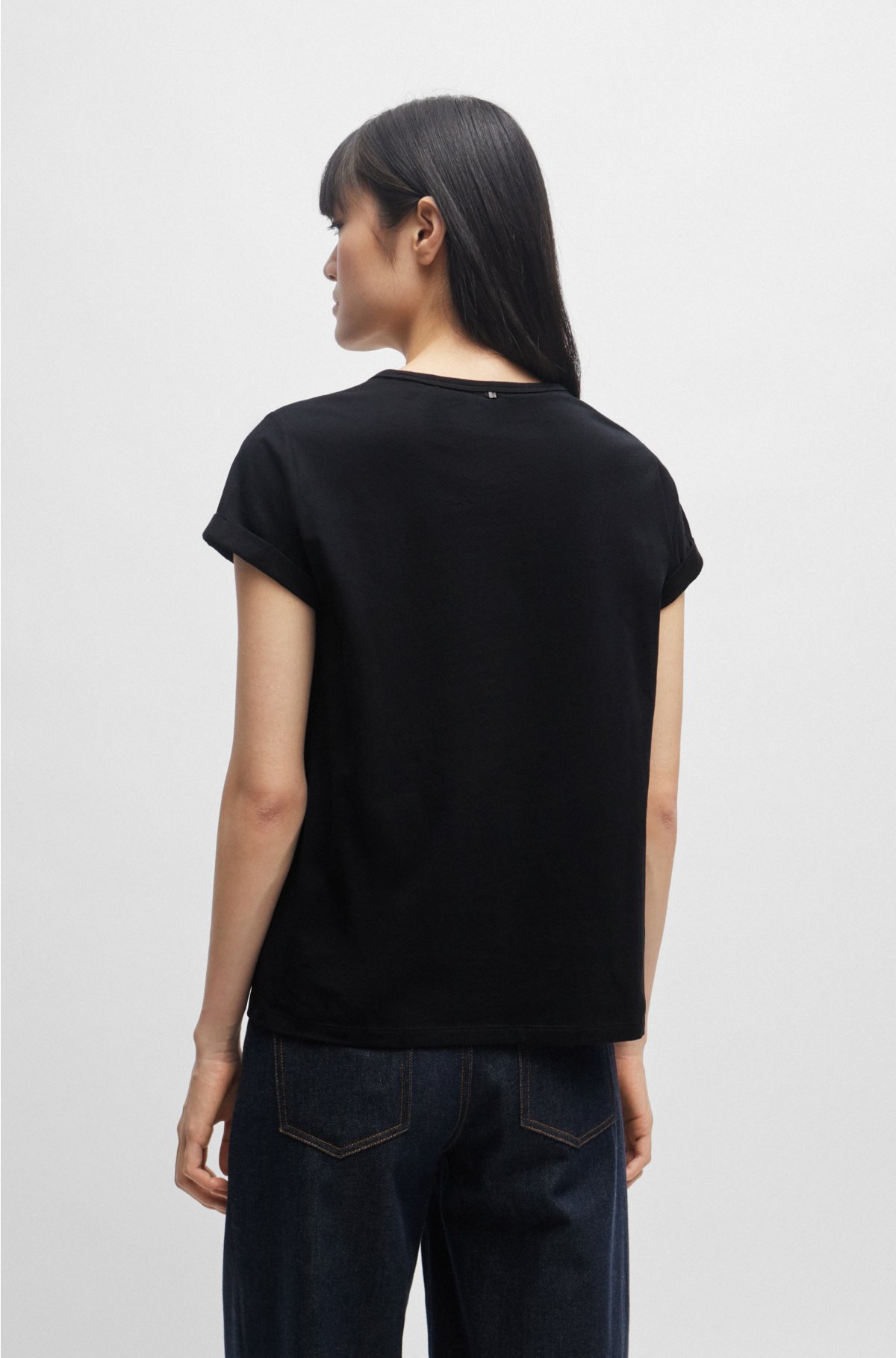 Cotton-jersey T-shirt with rolled cuffs, Black