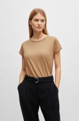 Cotton-jersey T-shirt with rolled cuffs, Beige