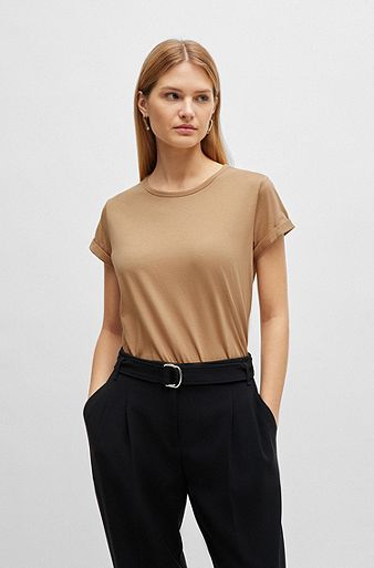 Cotton-jersey T-shirt with rolled cuffs, Beige