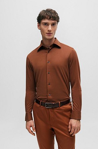 Regular-fit shirt in cotton-blend jersey, Brown