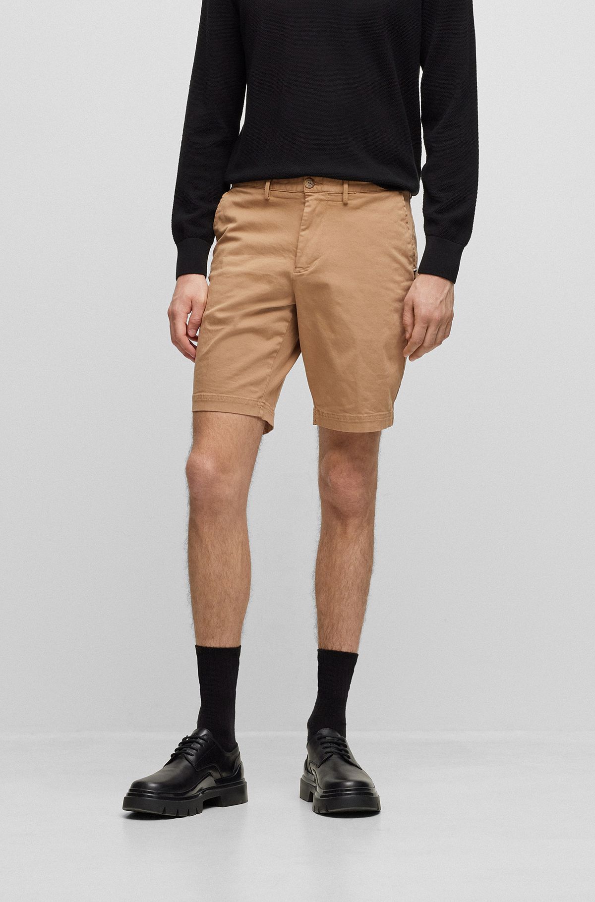 Slim-fit shorts in stretch cotton, Light Brown