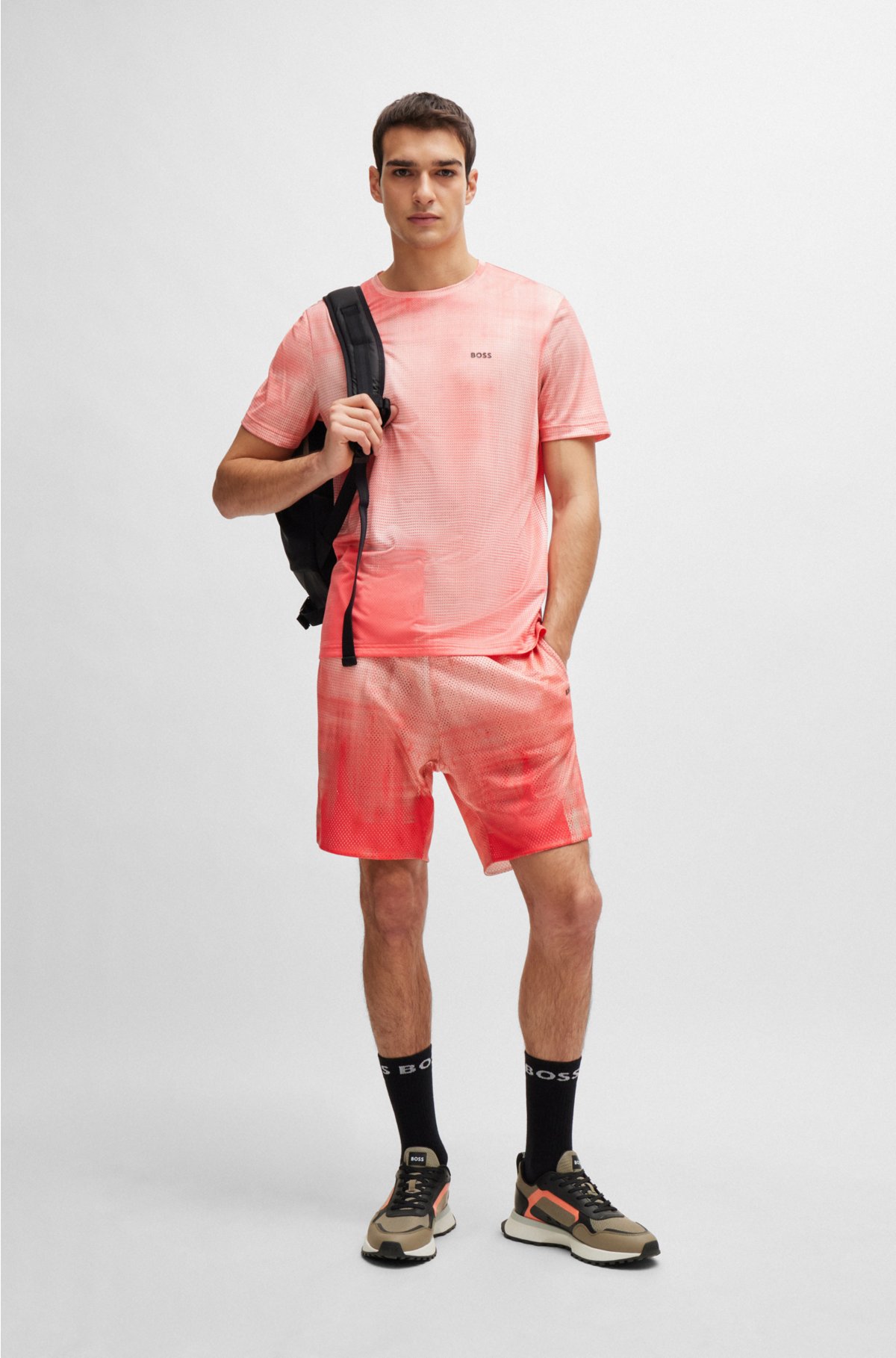 Printed-mesh shorts with logo detail, Light Red