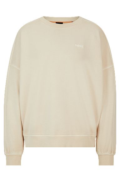 Round-neck sweatshirt in cotton with logo detail, Light Beige