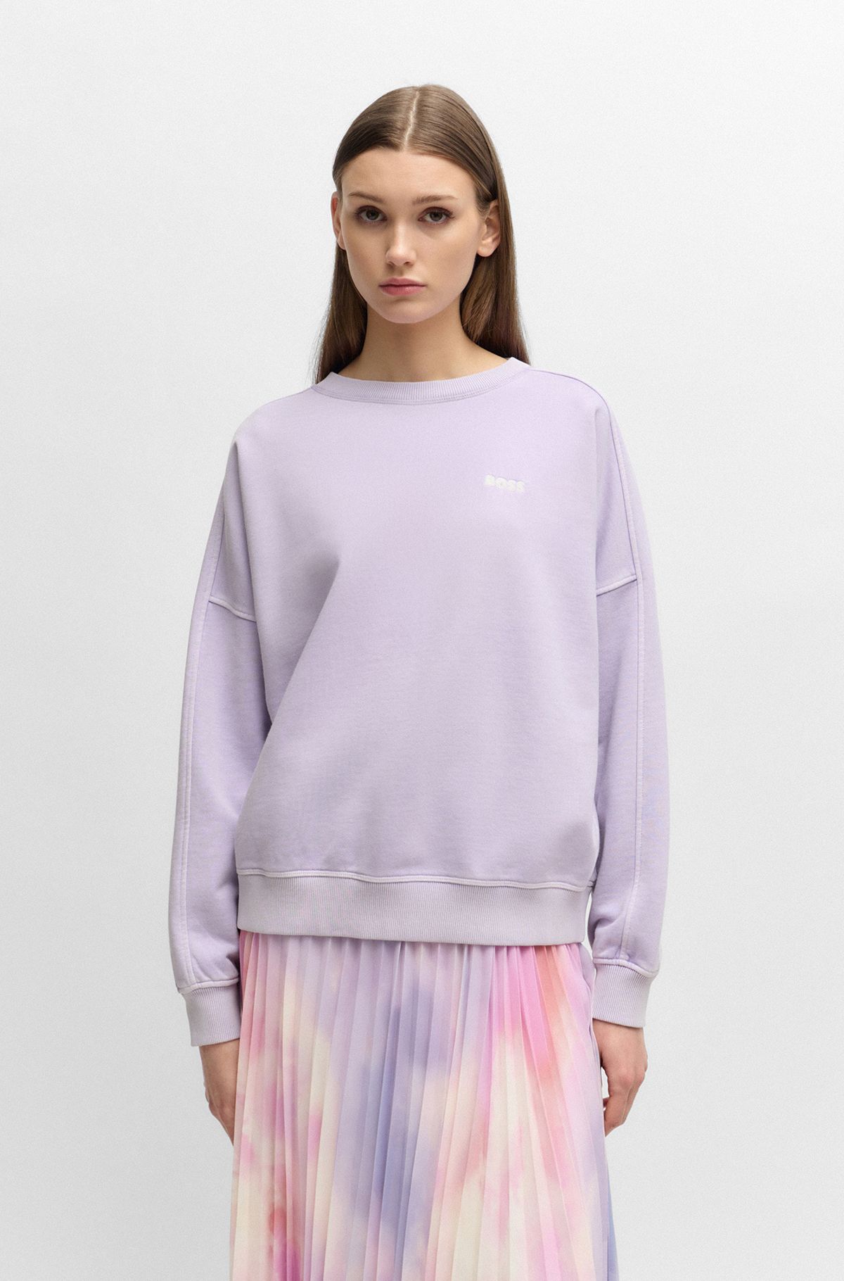 Round-neck sweatshirt in cotton with logo detail, Light Purple