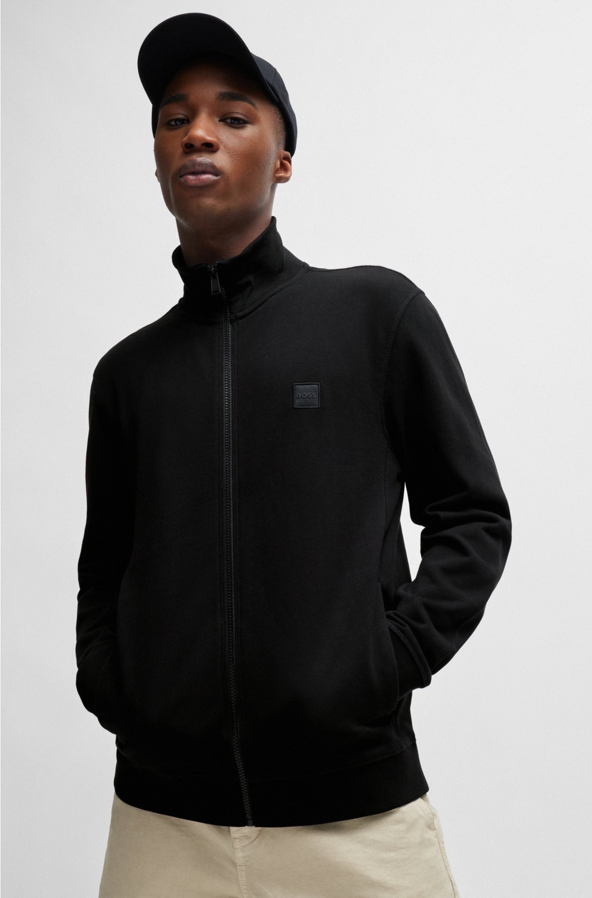 Cotton-terry zip-up jacket with logo patch, Black