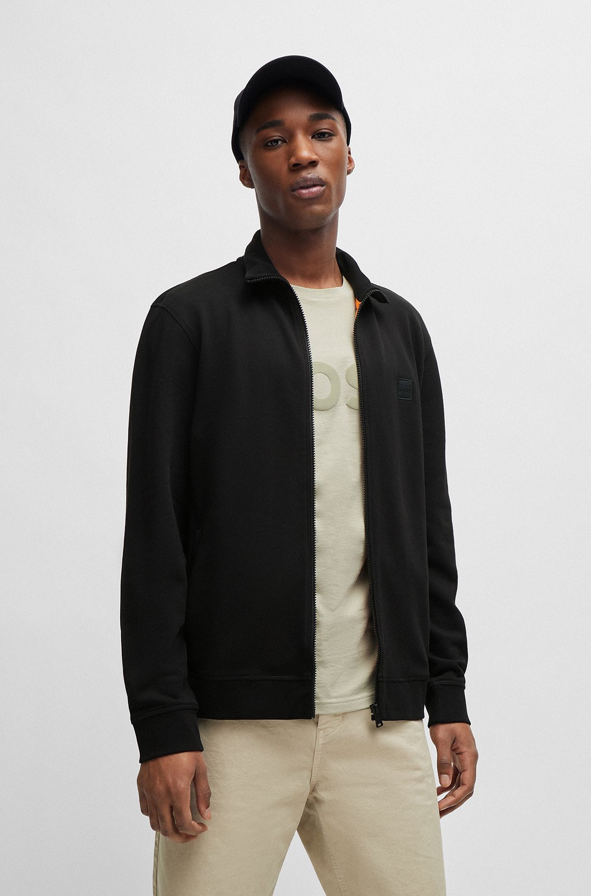 Cotton-terry zip-up jacket with logo patch, Black