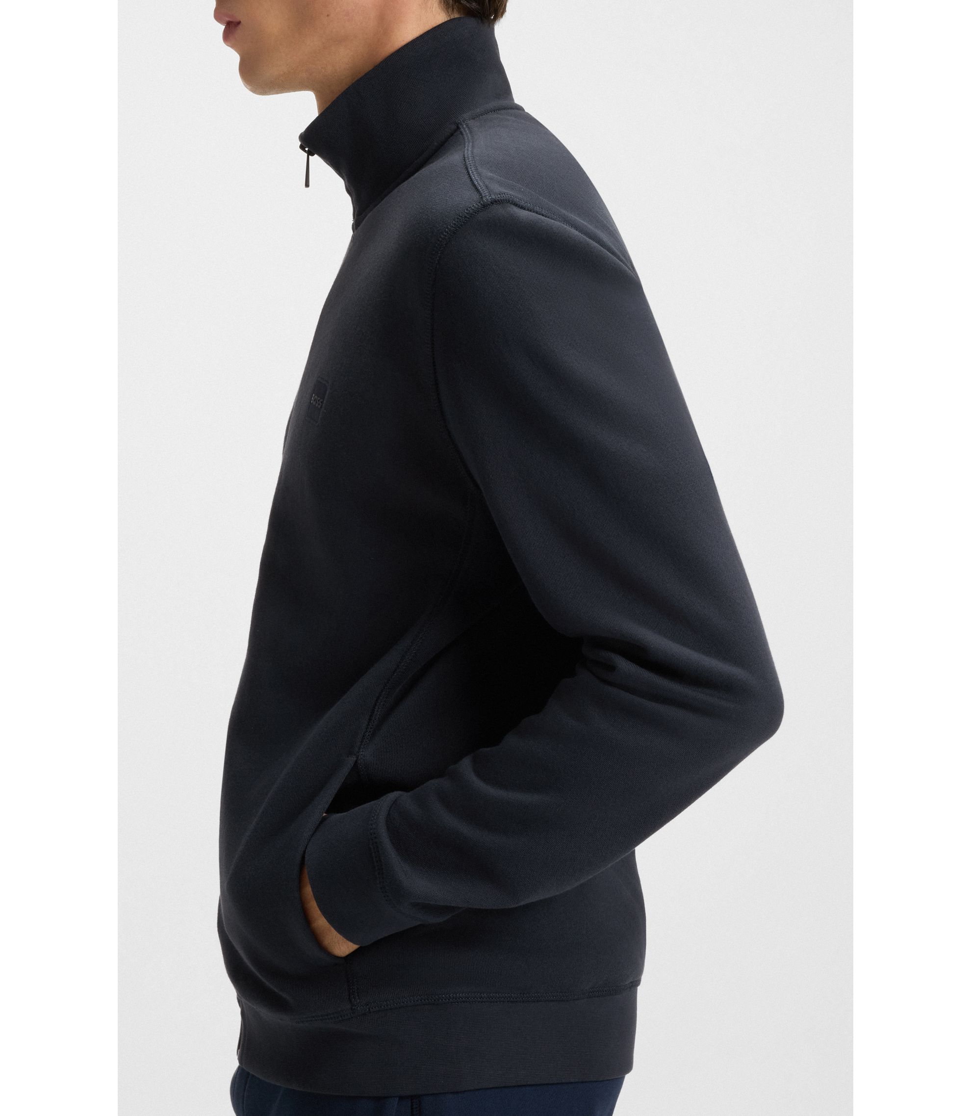 HUGO BOSS ネイビー ジップアップジャケット BOSS - Zip-up jacket in cotton terry with logo badge - Dark Blue