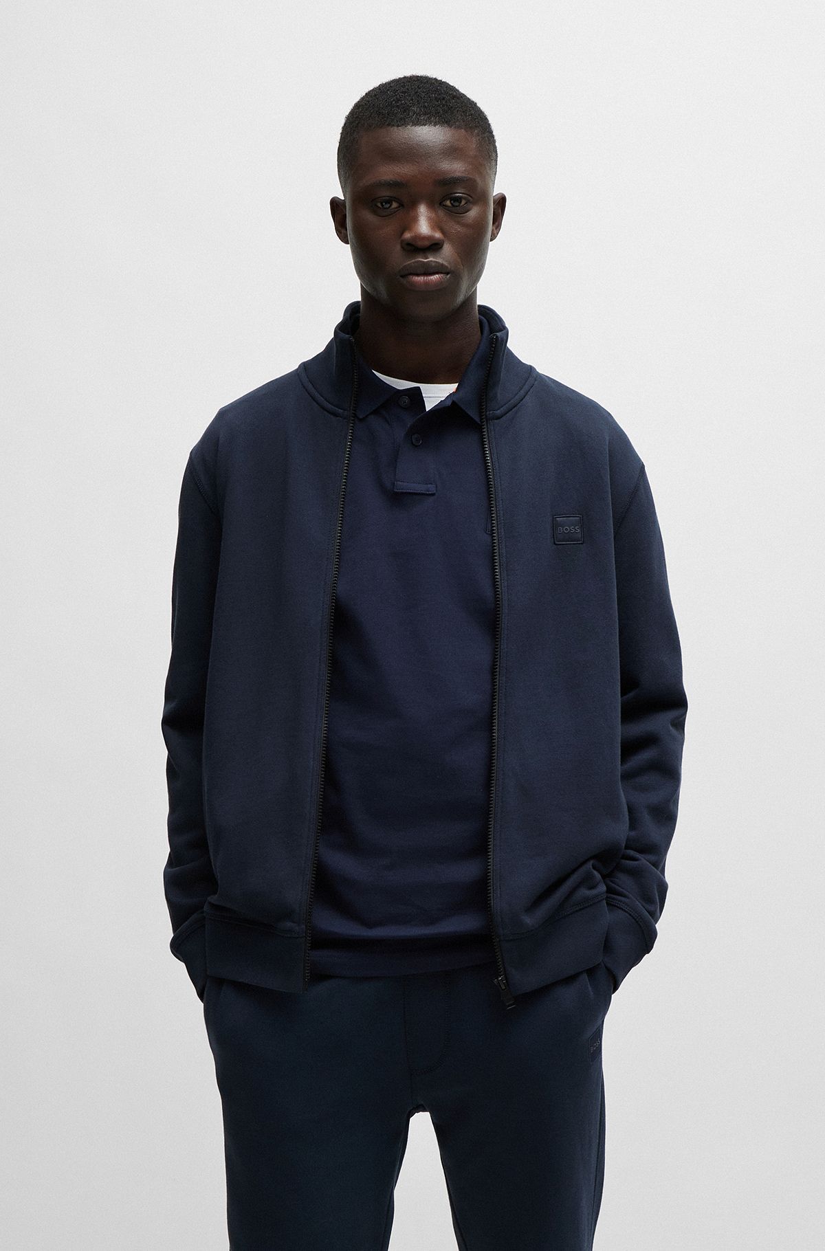Cotton-terry zip-up jacket with logo patch, Dark Blue