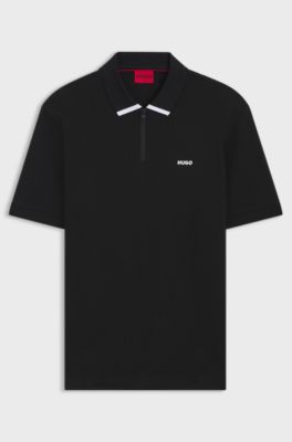 Cotton piqu&eacute; polo shirt with zip neckline, Black