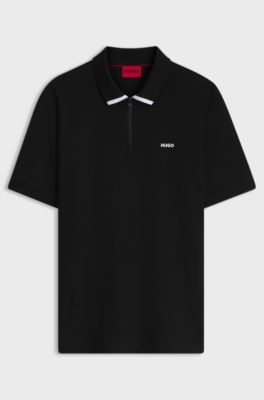 Cotton piqu&eacute; polo shirt with zip neckline, Black