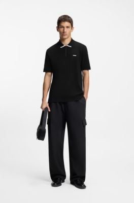 Cotton piqu&eacute; polo shirt with zip neckline, Black