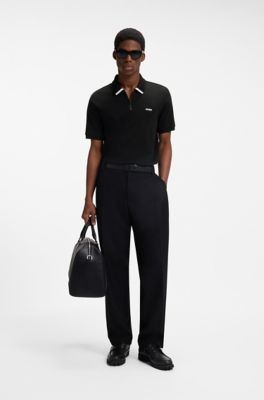 Cotton piqu&eacute; polo shirt with zip neckline, Black